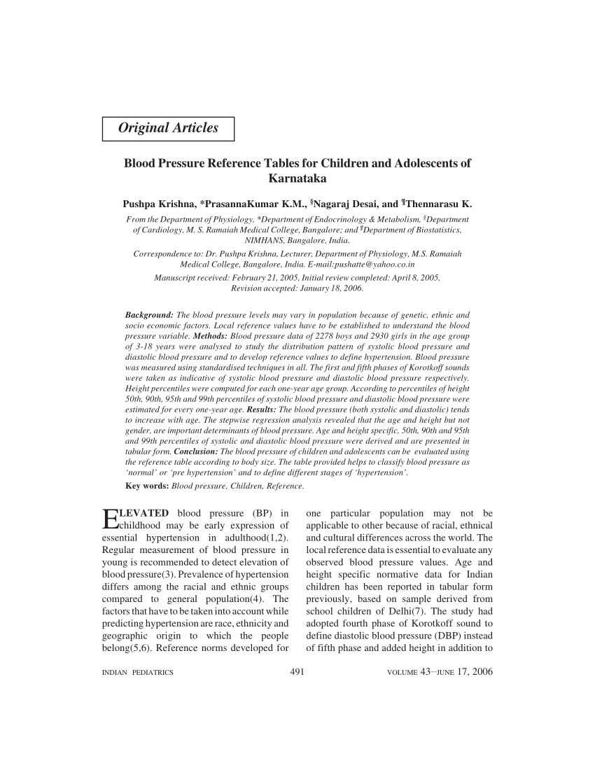 Pdf Blood Pressure Reference Tables For Children And Adolescents Of Karnataka