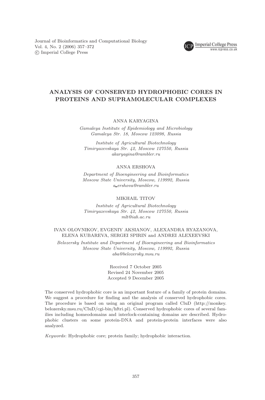 Pdf Analysis Of Conserved Hydrophobic Cores In Proteins And Supramolecular Complexes