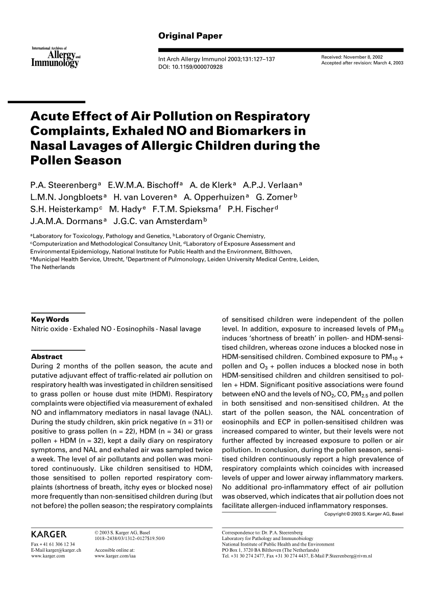 Pdf Acute Effect Of Air Pollution On Respiratory Complaints Exhaled No And Biomarkers In Nasal Lavages Of Allergic Children During The Pollen Season