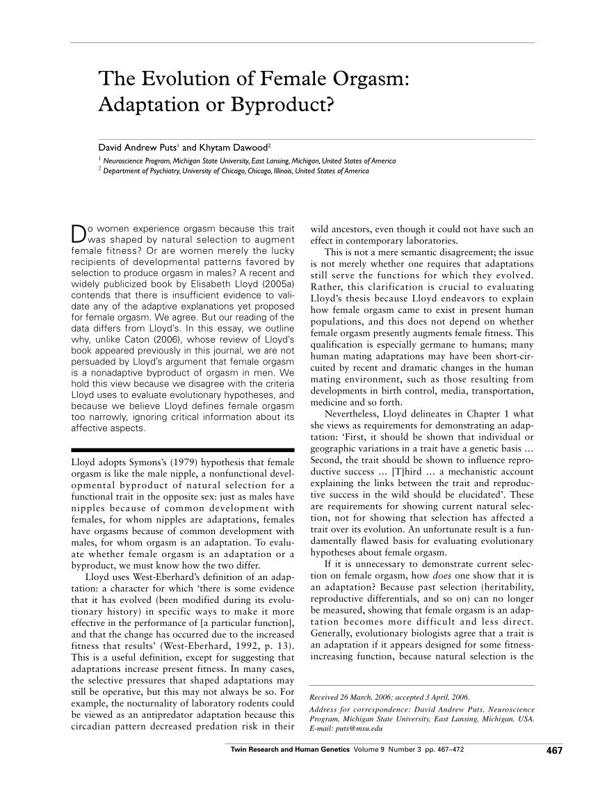 PDF The Evolution of Female Orgasm Adaptation or Byproduct