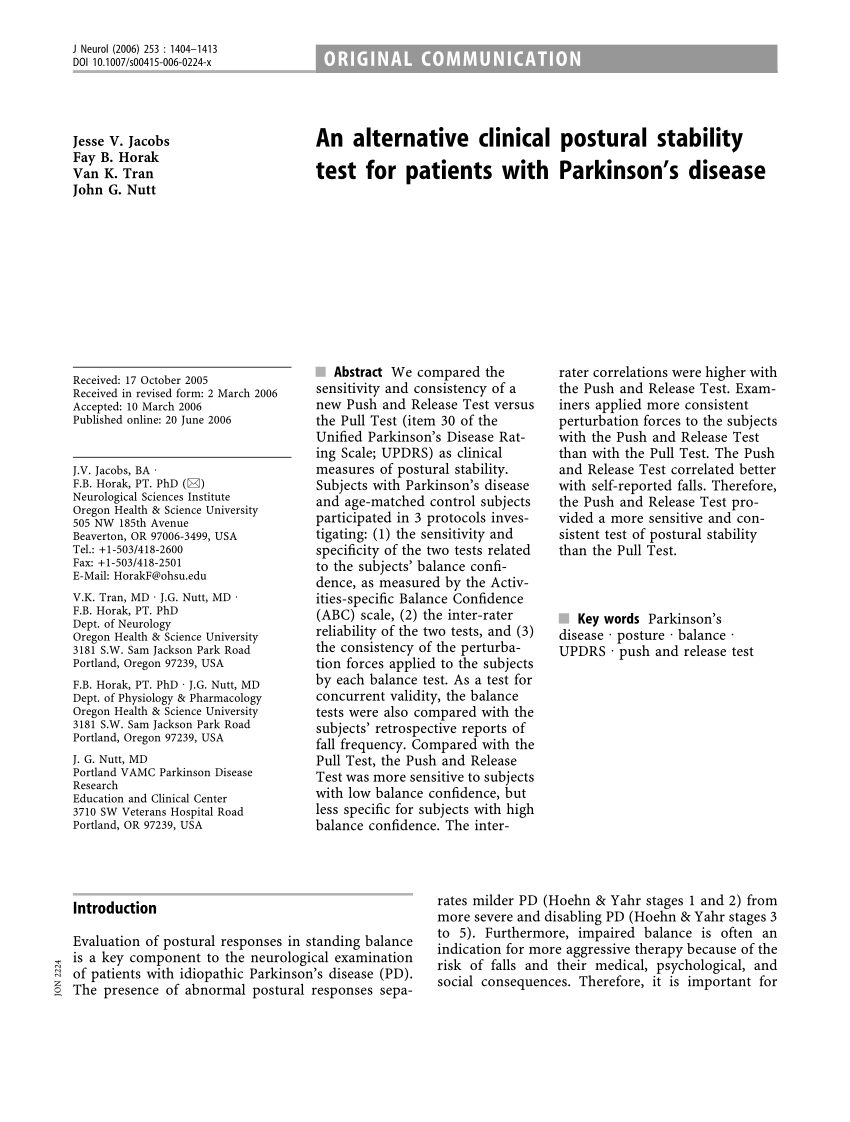 Pdf An Alternative Clinical Postural Stability Test For Patients With Parkinson S Disease