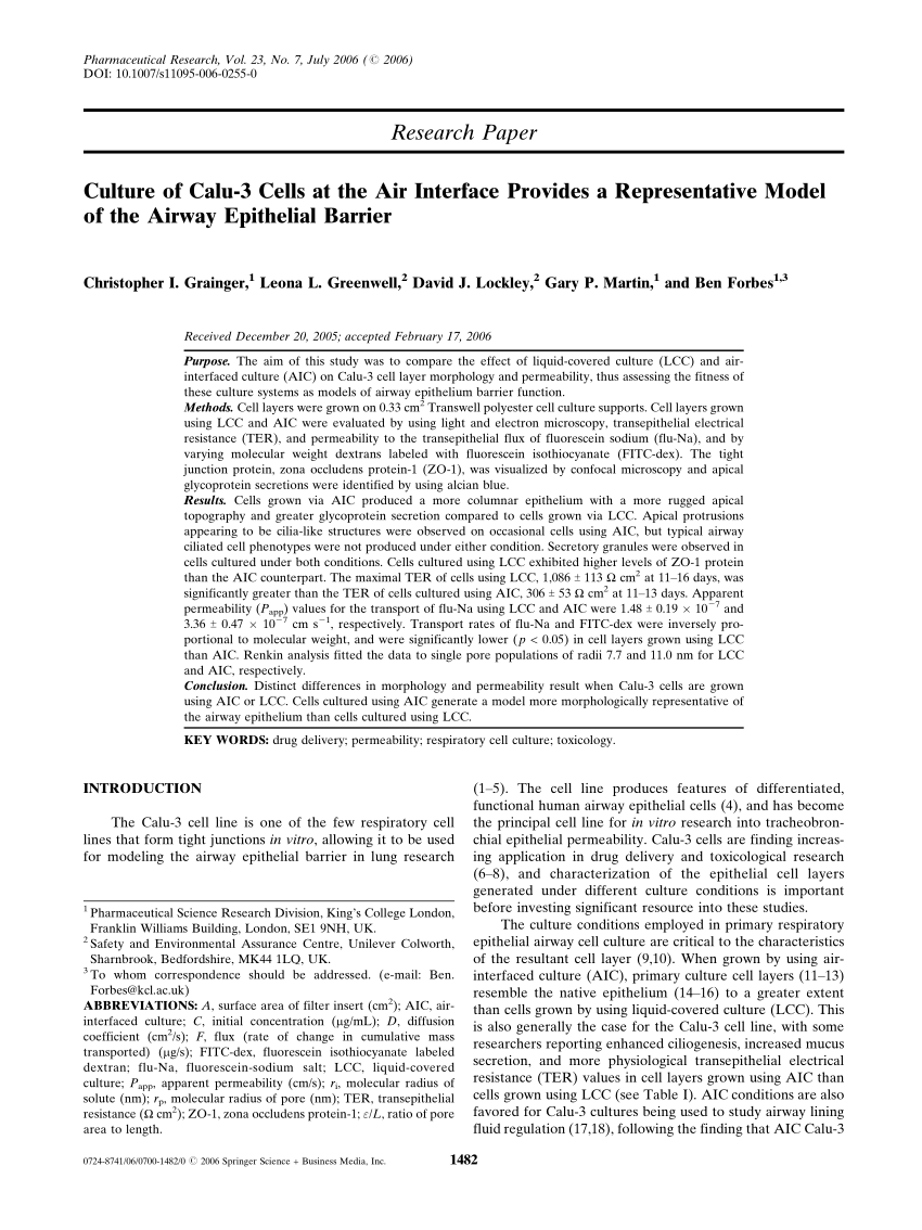 Pdf Culture Of Calu 3 Cells At The Air Interface Provides A Representative Model Of The Airway Epithelial Barrier