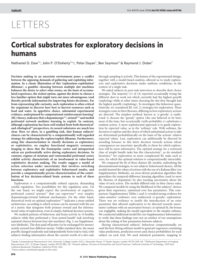 Pdf Cortical Substrates For Exploratory Decision In Humans