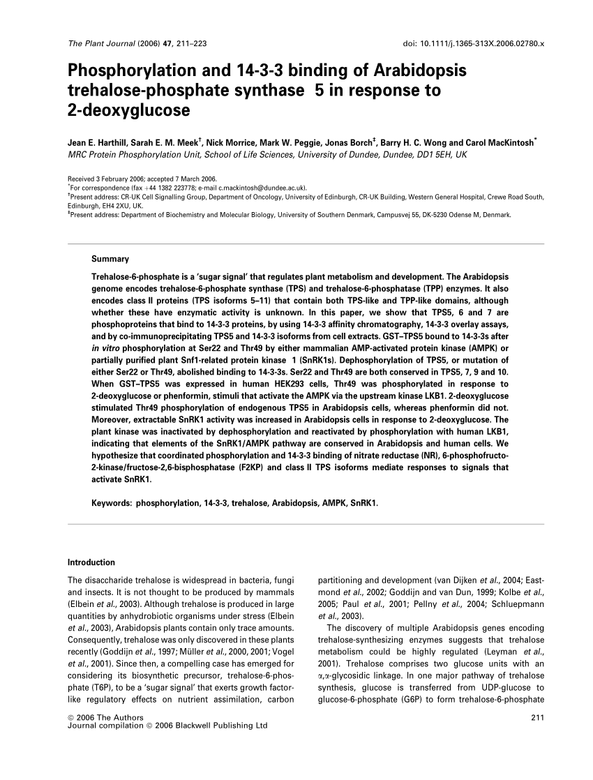 PDF) Phosphorylation and 14-3-3 binding of Arabidopsis synthase 5 to 2-deoxyglucose