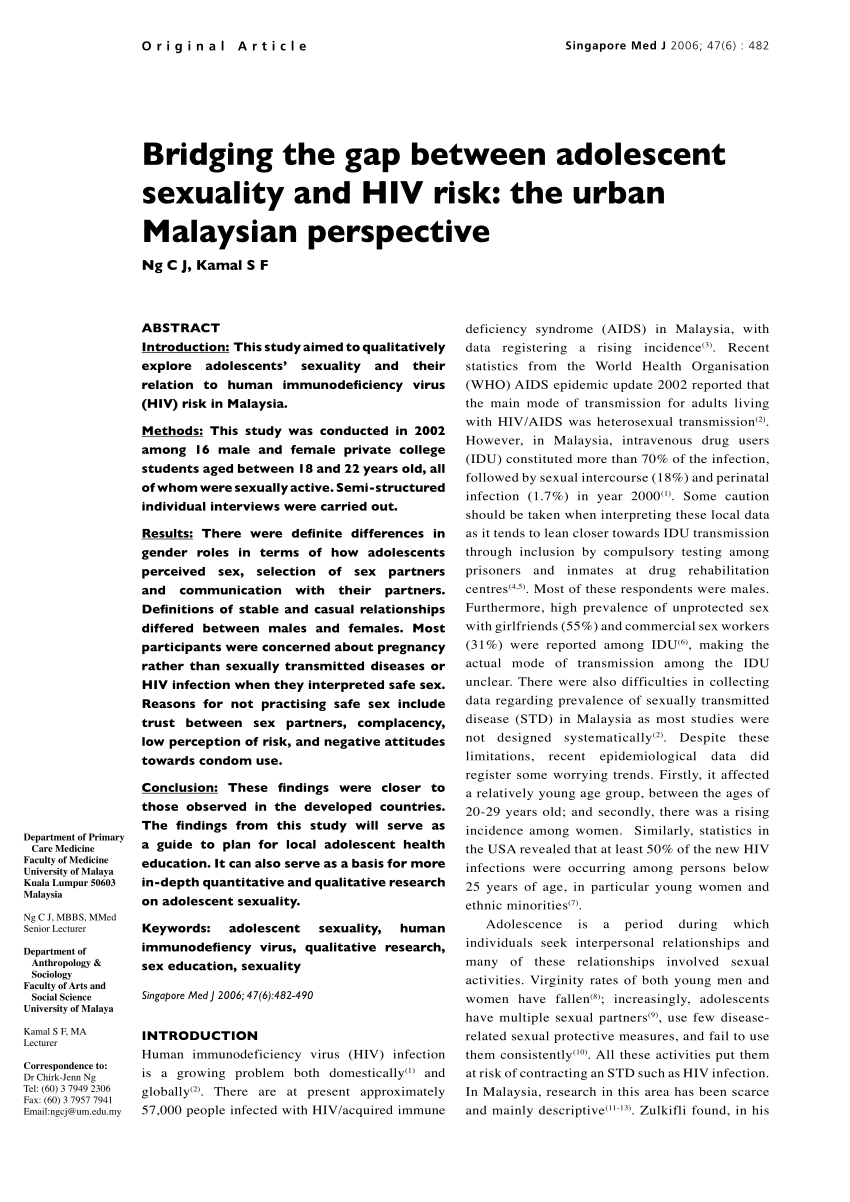 PDF) Bridging the gap between adolescent sexuality and HIV risk: The urban  Malaysian perspective