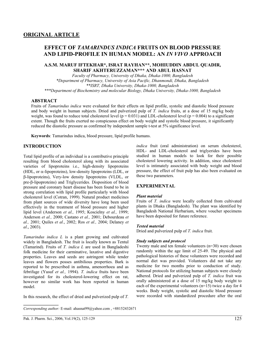 Pdf Effect Of Tamarindus Indica Fruits On Blood Pressure And Lipid Profile In Human Model An In Vivo Approach