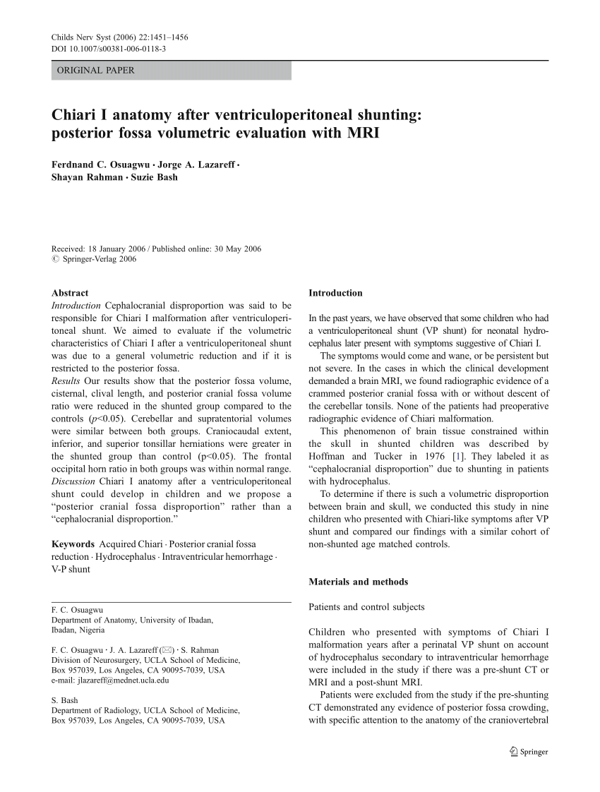 Pdf Chiari I Anatomy After Ventriculoperitoneal Shunting Posterior Fossa Volumetric Evaluation With Mri