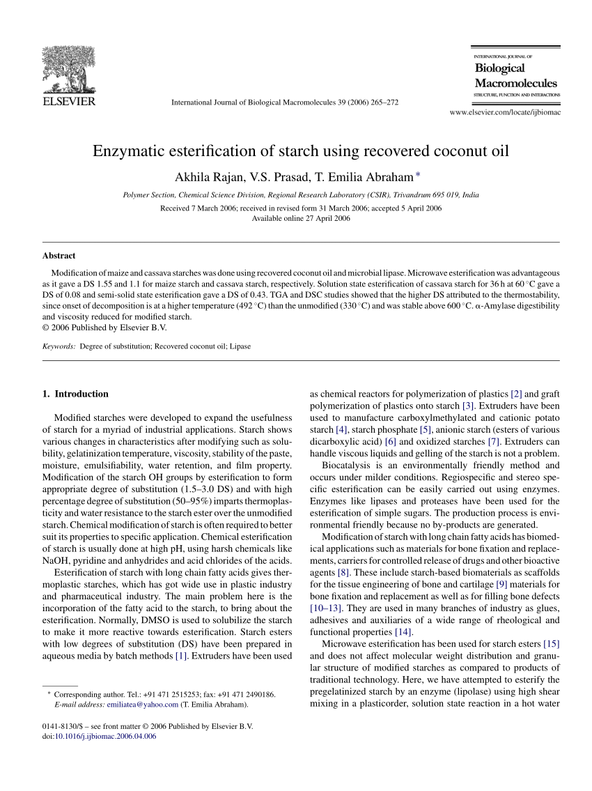 Pdf Enzymatic Esterification Of Starch Using Recovered Coconut Oil