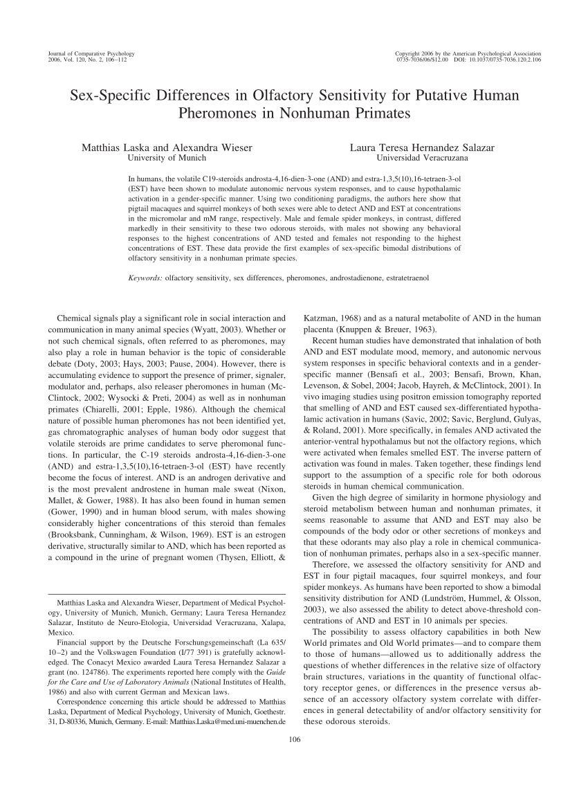 Pdf Sex Specific Differences In Olfactory Sensitivity For Putative