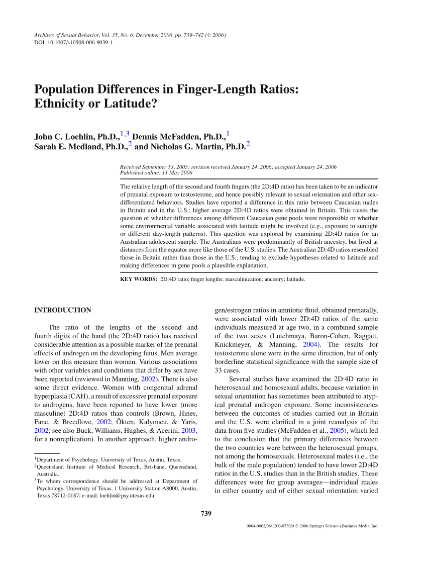 (PDF) Population Differences in FingerLength Ratios Ethnicity or