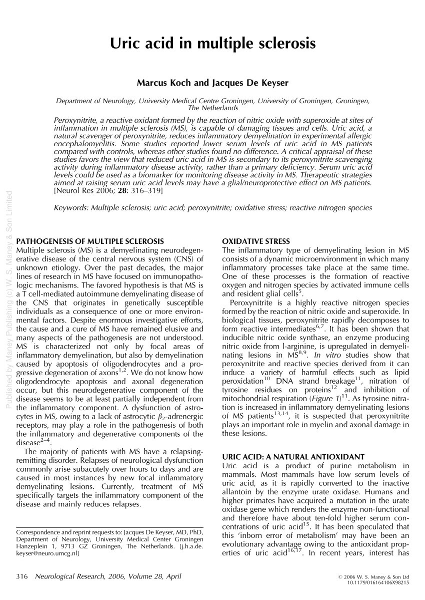 Pdf Uric Acid In Multiple Sclerosis