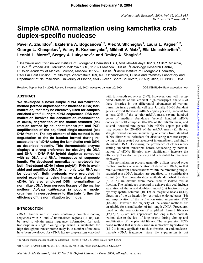 (PDF) Simple cDNA normalization using Kamchatka crab duplexspecific nuclease