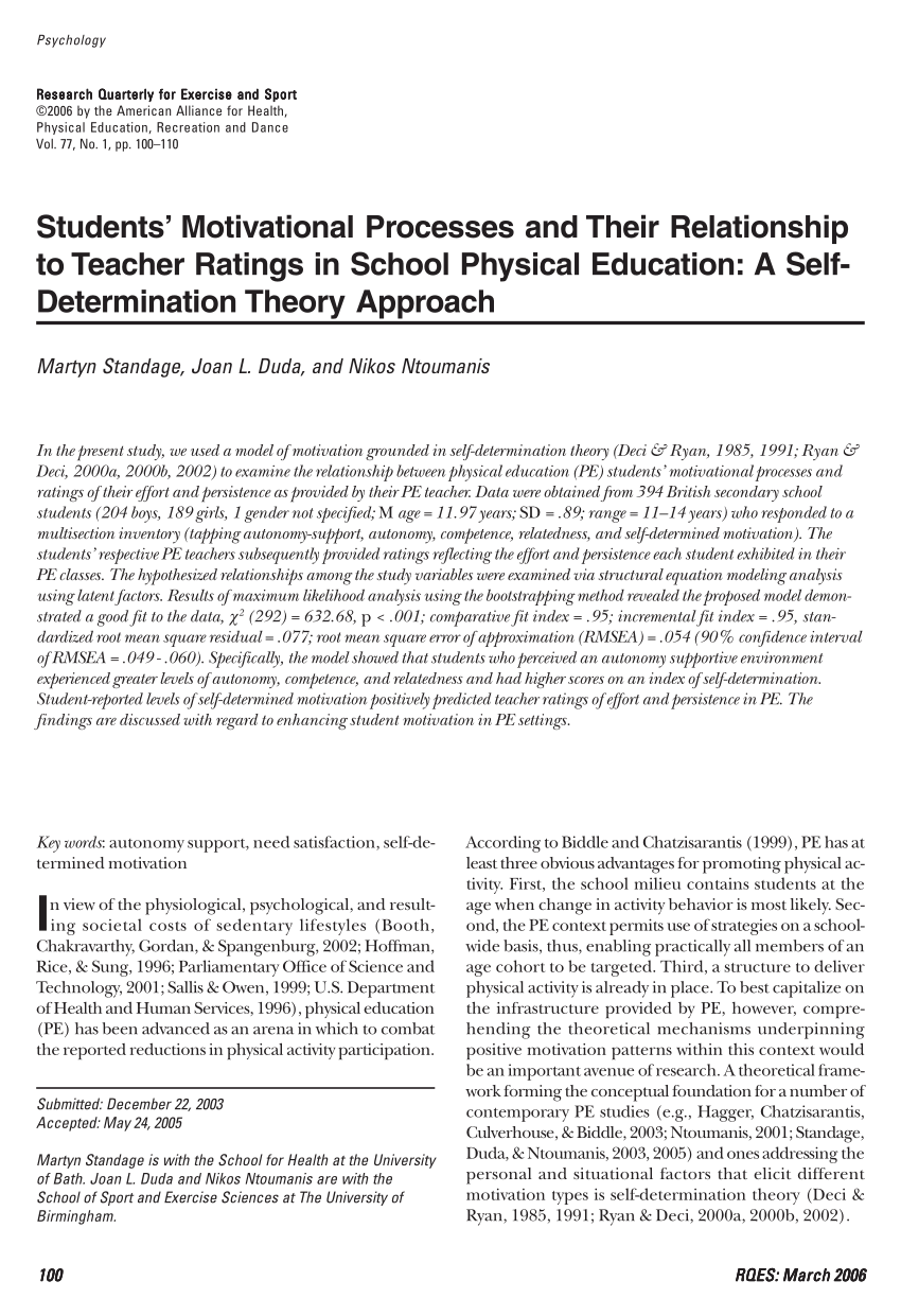 Pdf Students Motivational Processes And Their Relationship To Teacher Ratings In School Physical Education A Self Determination Theory Approach