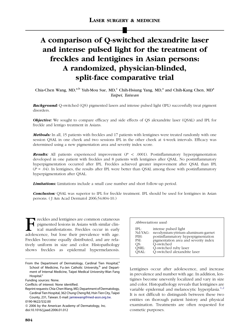 Pdf A Comparison Of Q Switched Alexandrite Laser And Intense Pulsed Light For The Treatment Of Freckles And Lentigines In Asian Persons