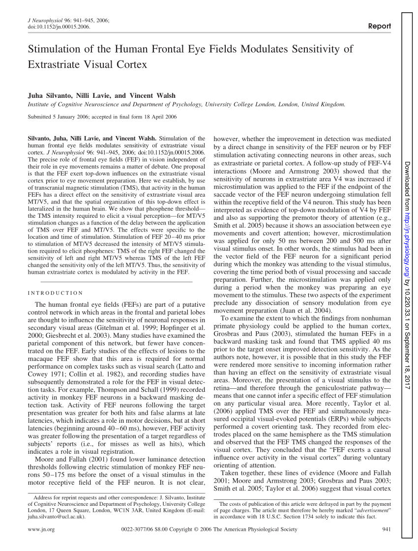 Pdf Stimulation Of The Human Frontal Eye Fields Modulates Sensitivity Of Extrastriate Visual 6369