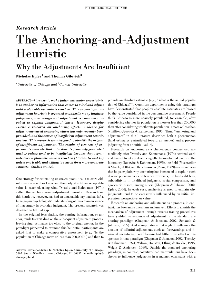 Pdf The Anchoring And Adjustment Heuristic Why The Adjustments Are Insufficient