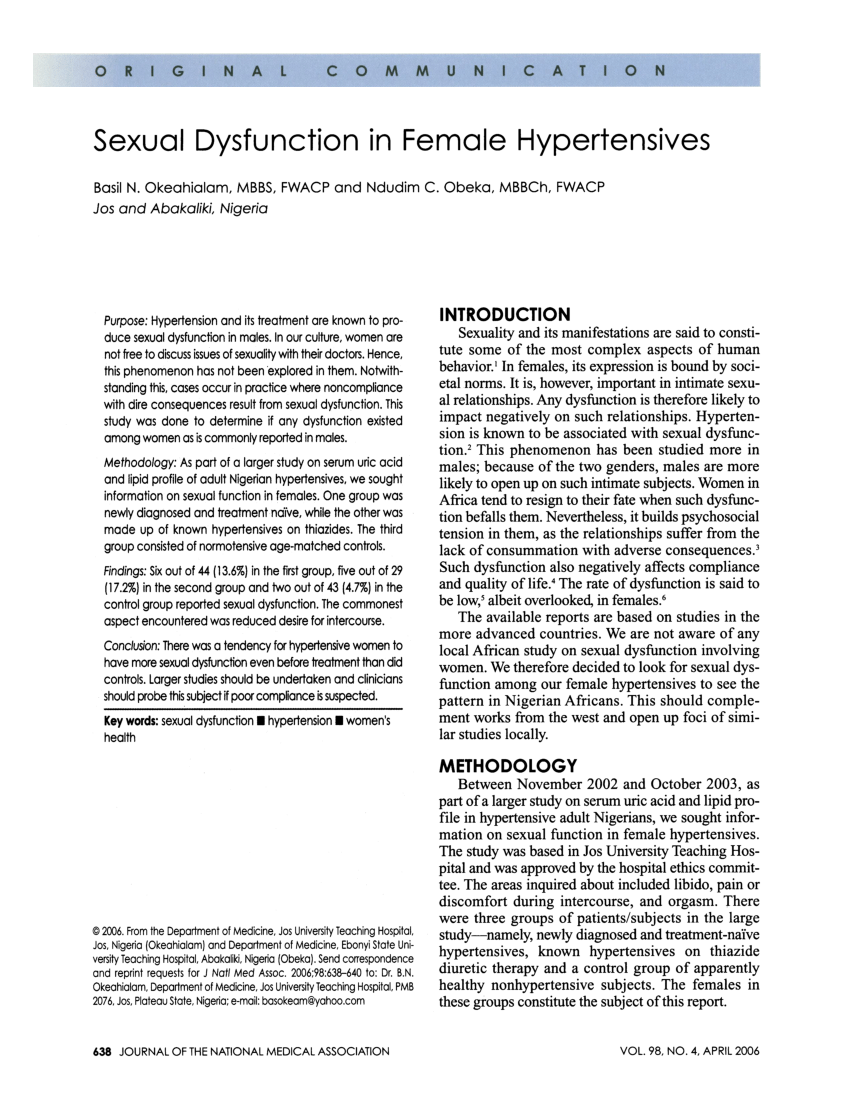 PDF Sexual dysfunction in female hypertensives