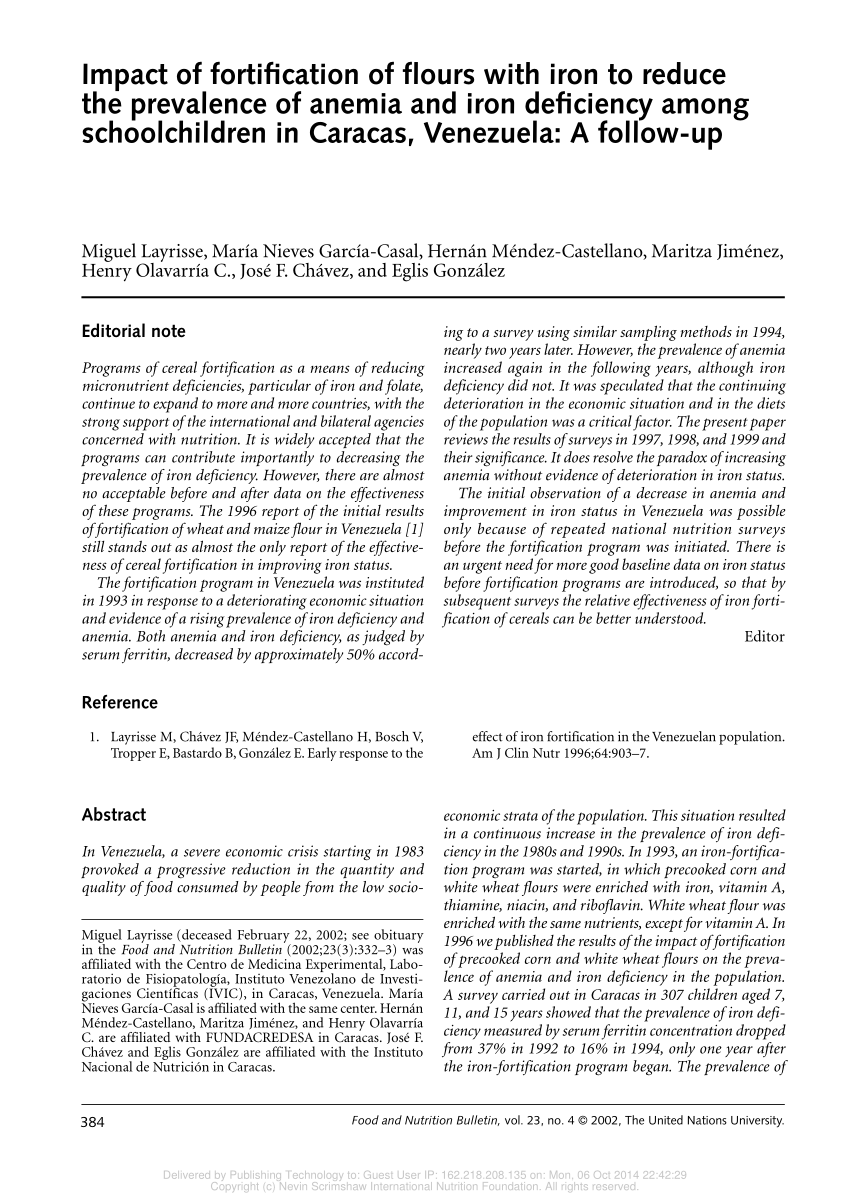 Pdf Impact Of Fortification Of Flours With Iron To Reduce The Prevalence Of Anemia And Iron Deficiency Among Schoolchildren In Caracas Venezuela A Follow Up