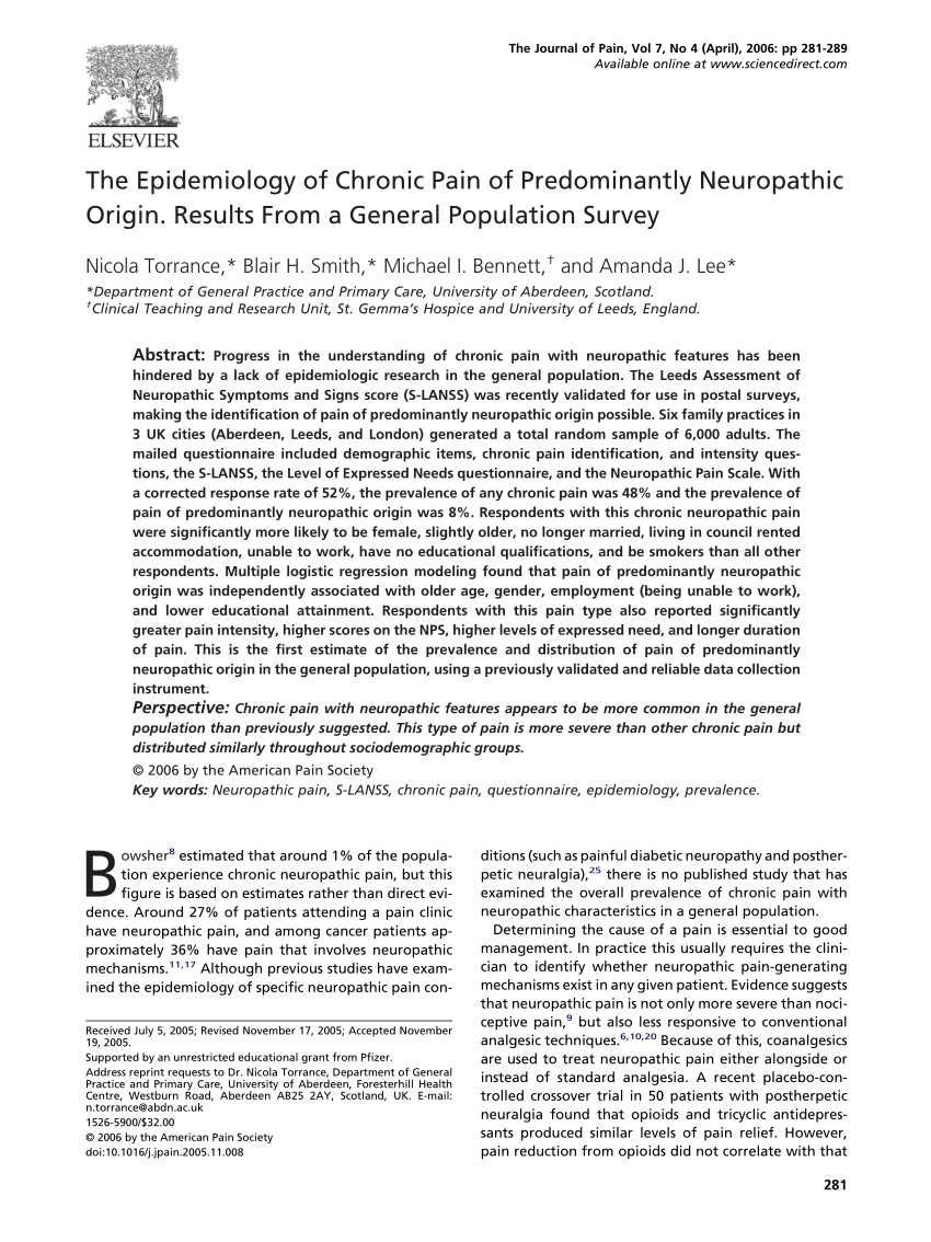 Pdf The Epidemiology Of Chronic Pain Of Predominantly Neuropathic Origin Results From A General Population Survey