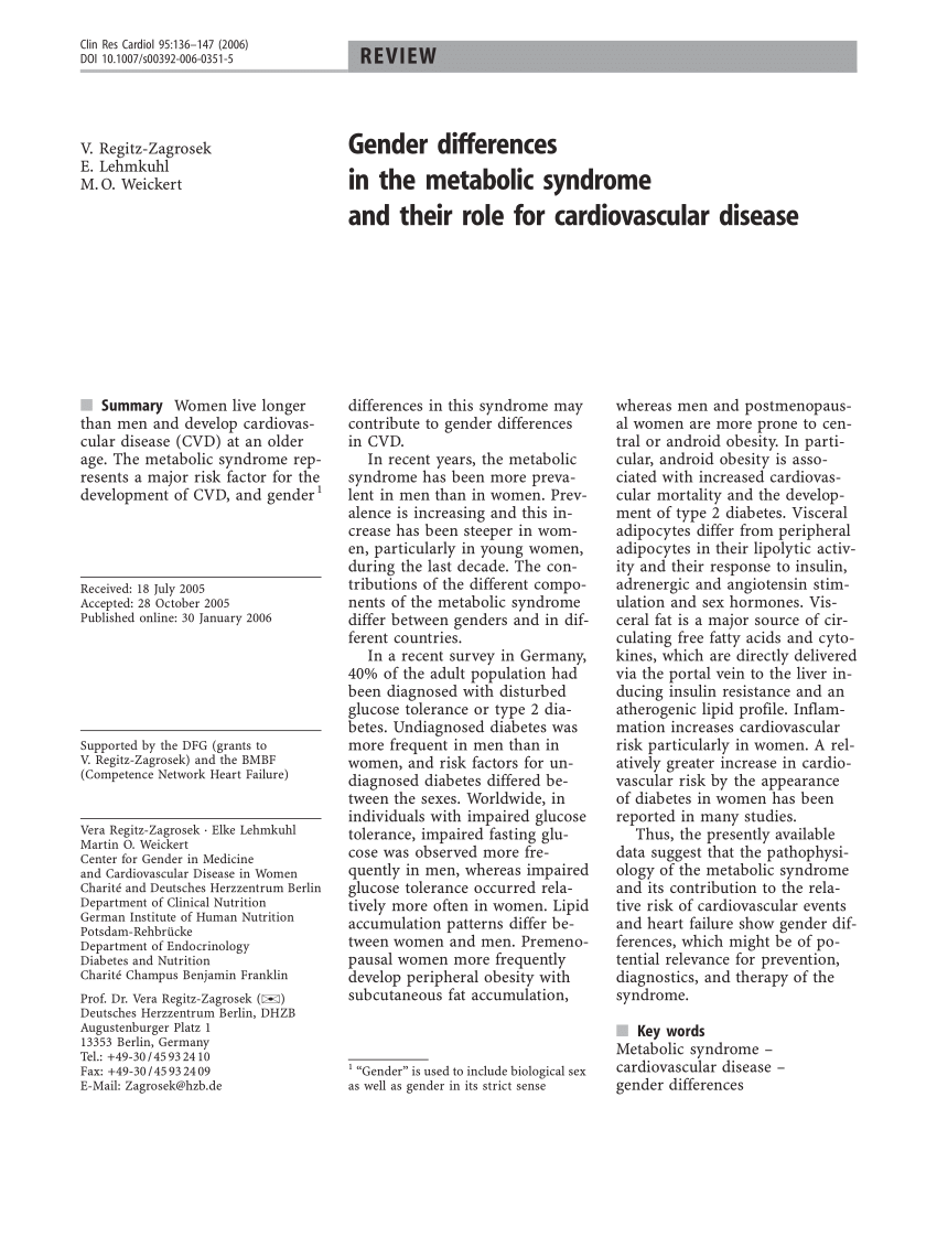 Pdf Gender Differences In The Metabolic Syndrome And Their Role For Cardiovascular Disease