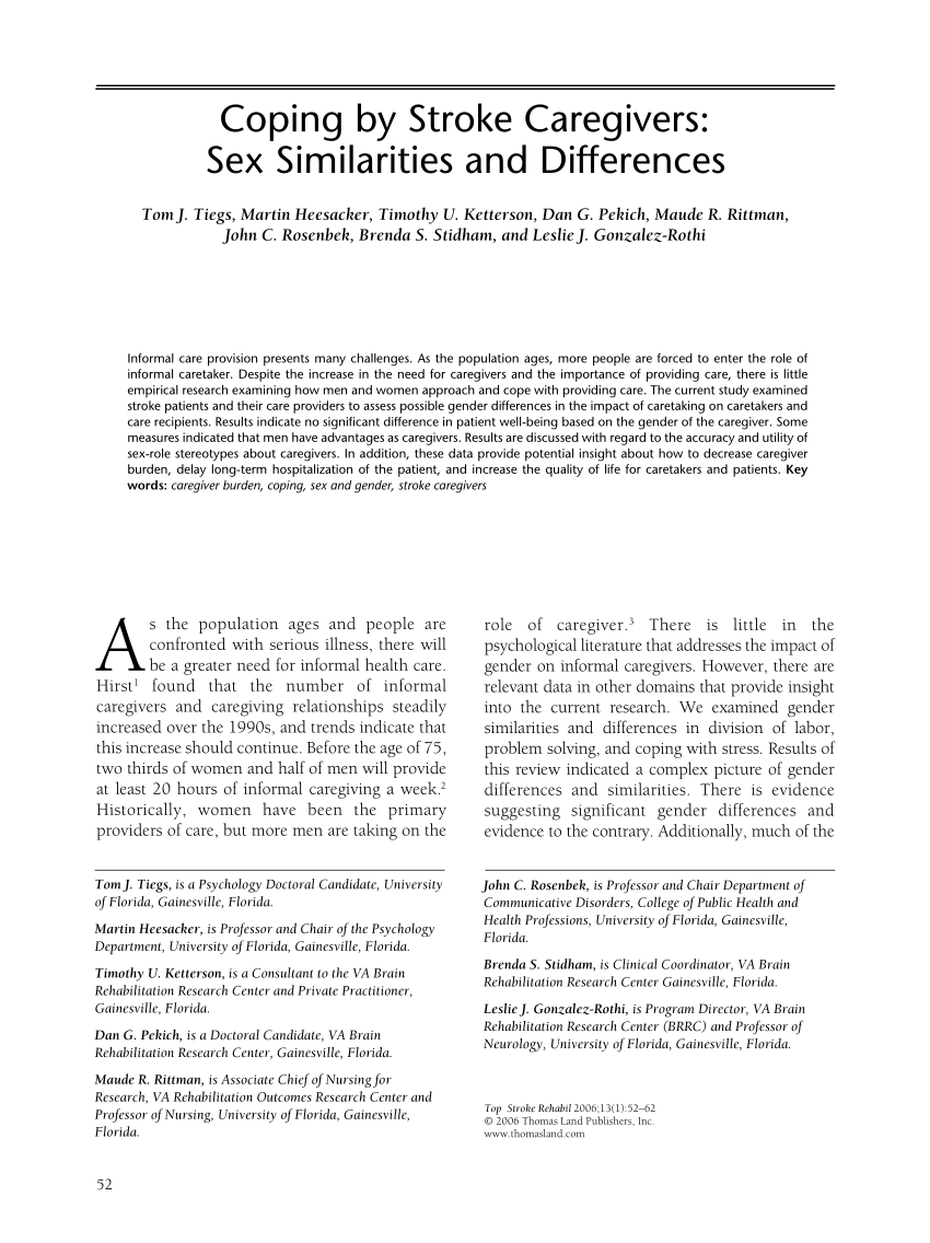 Pdf Coping By Stroke Caregivers Sex Similarities And Differences 