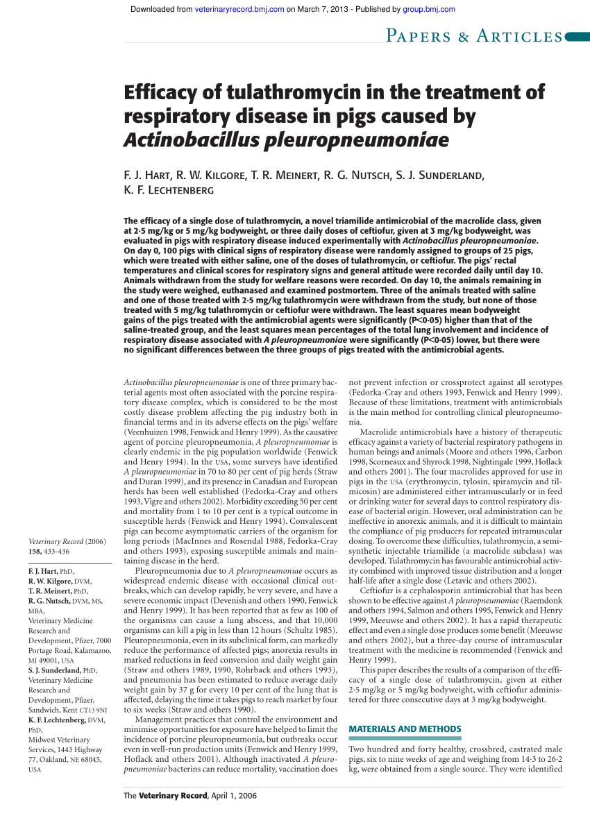 Pdf Efficacy Of Tulathromycin In The Treatment Of Respiratory Disease In Pigs Caused By Actinobacillus Pleuropneumoniae