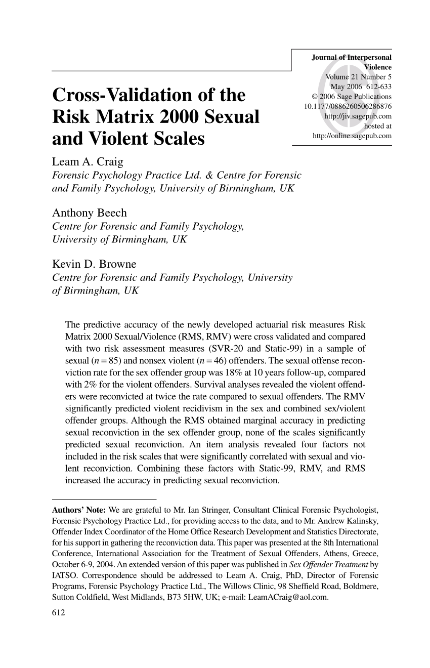 Pdf Cross Validation Of The Risk Matrix 2000 Sexual And Violent Scales 0991
