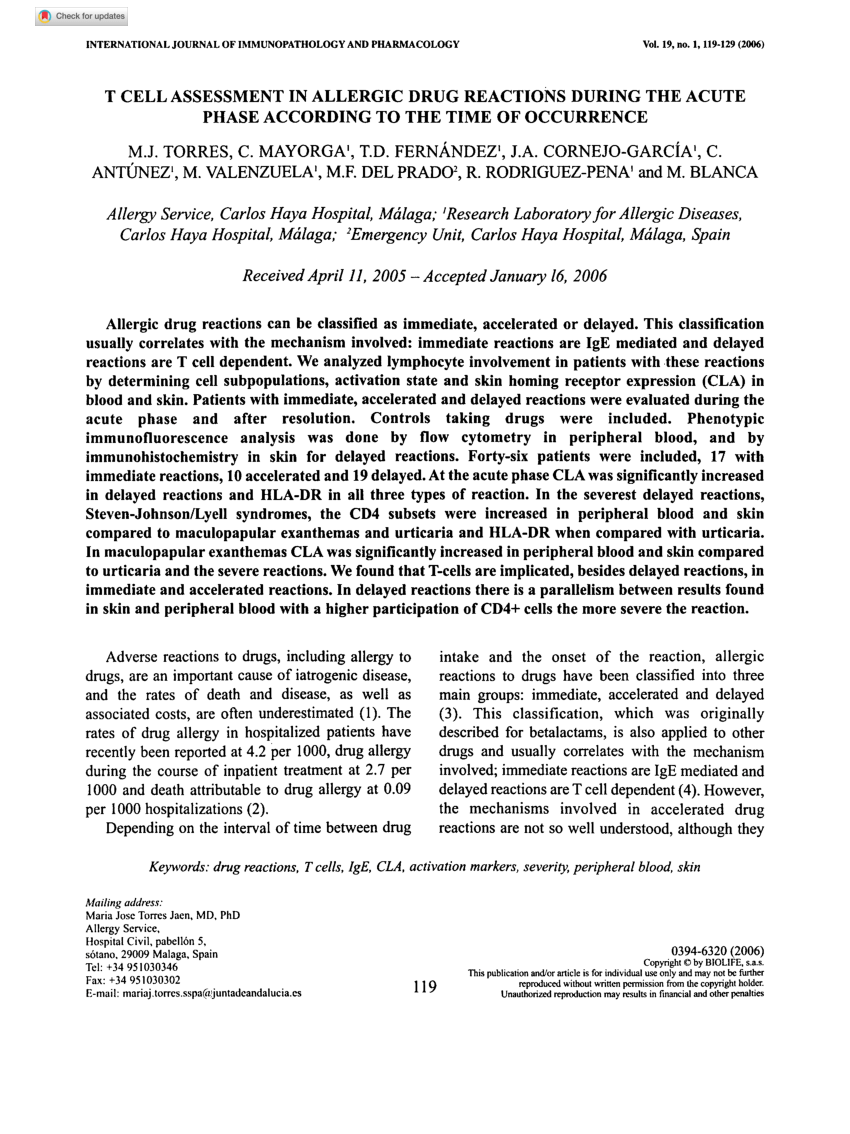 Pdf T Cell Assessment In Allergic Drug Reactions During The Acute Phase According To The Time Of Occurrence