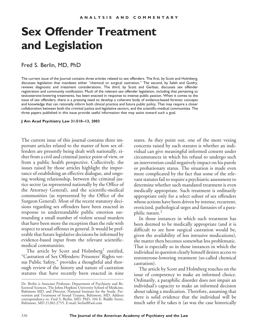Pdf Sex Offender Treatment And Legislation 7043