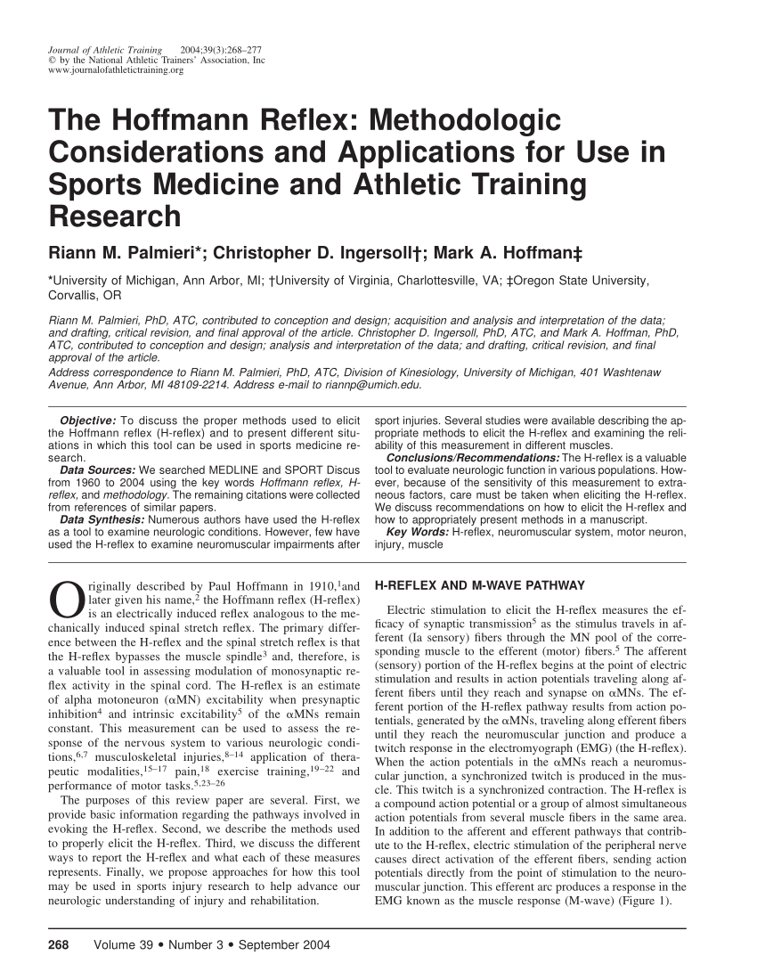Pdf The Hoffmann Reflex Methodologic Considerations And Applications For Use In Sports Medicine And Athletic Training Research