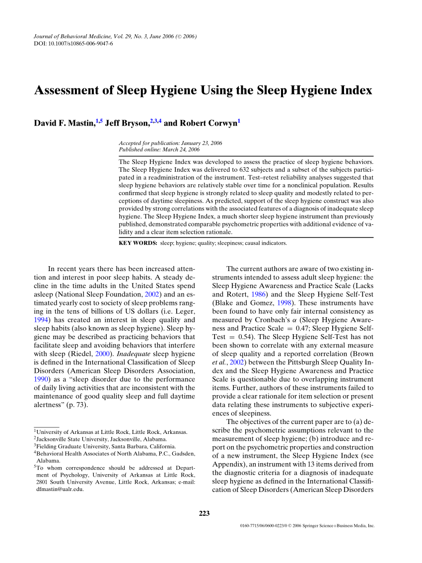(PDF) Assessment of Sleep Hygiene Using the Sleep Hygiene Index