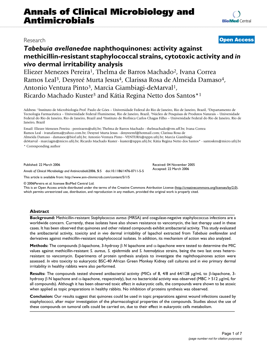 Pdf Tabebuia Avellanedae Naphtoquinones Activity Against Methicillin Resistant Staphylococcal Strains Cytotoxic Activity And In Vivo Dermal Irritability Analysis