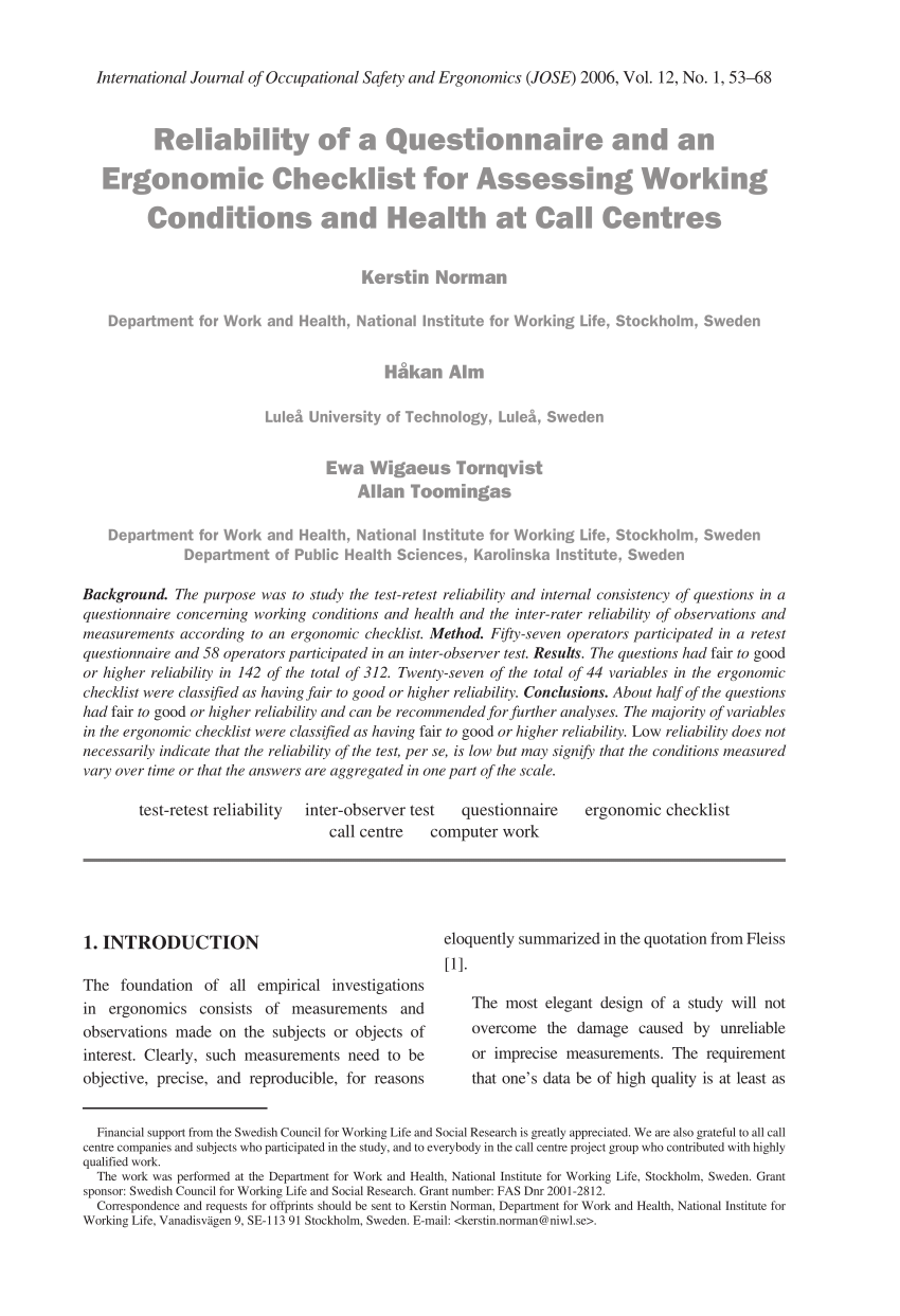 Pdf Reliability Of A Questionnaire And An Ergonomic Checklist For Assessing Working Conditions 8217