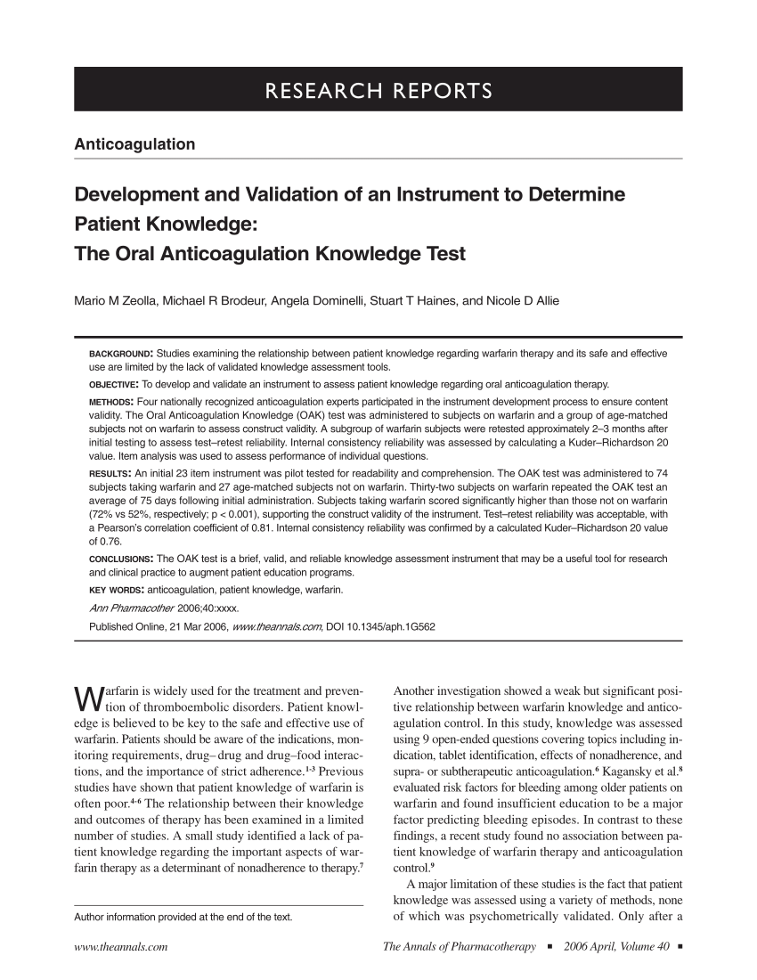 Pdf Development And Validation Of An Instrument To Determine Patient Knowledge The Oral Anticoagulation Knowledge Test