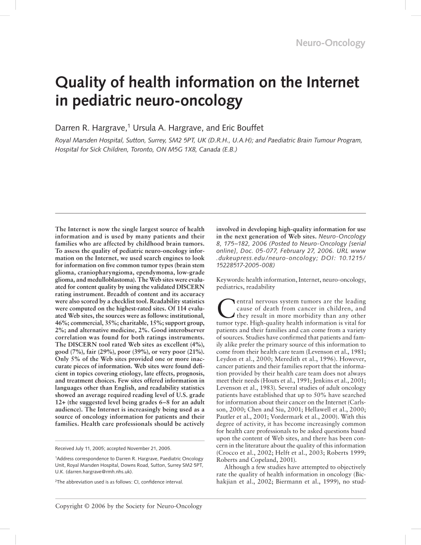 Pdf Quality Of Health Information On The Internet In Pediatric Neuro Oncology