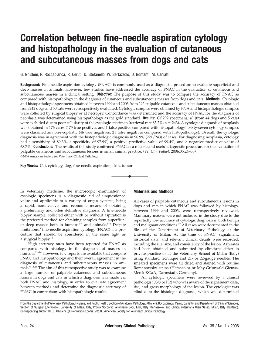 Pdf Correlation Between Fine Needle Aspiration Cytology And Histopathology In The Evaluation Of Cutaneous And Subcutaneous Masses From Dogs And Cats
