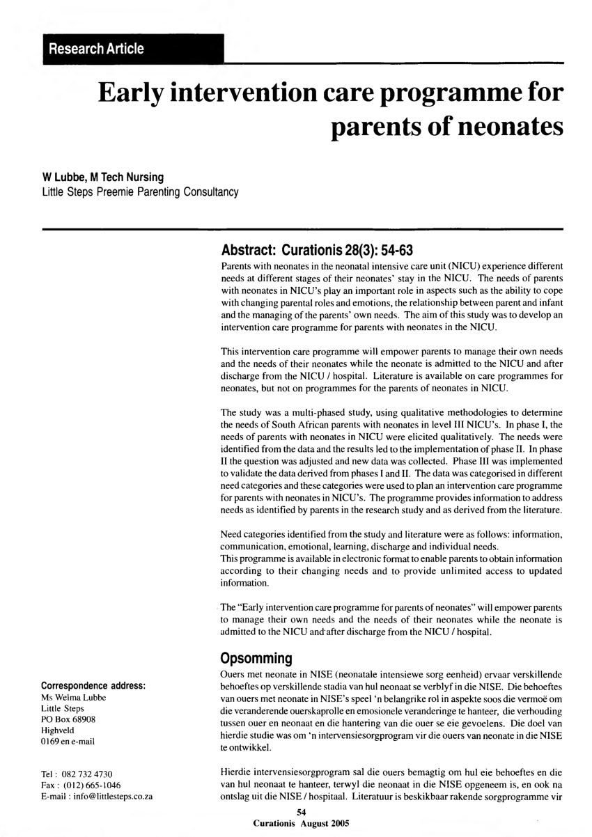 Pdf Early Intervention Care Programme For Parents Of Neonates