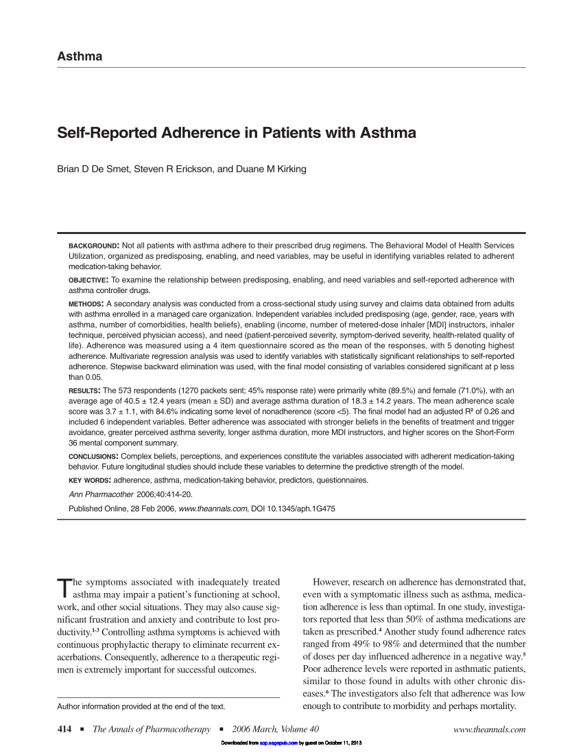 PDF Self Reported Adherence In Patients With Asthma