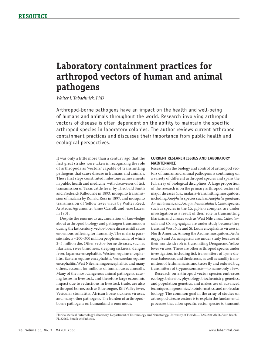 PDF) Laboratory containment practices for arthropod vectors of ...