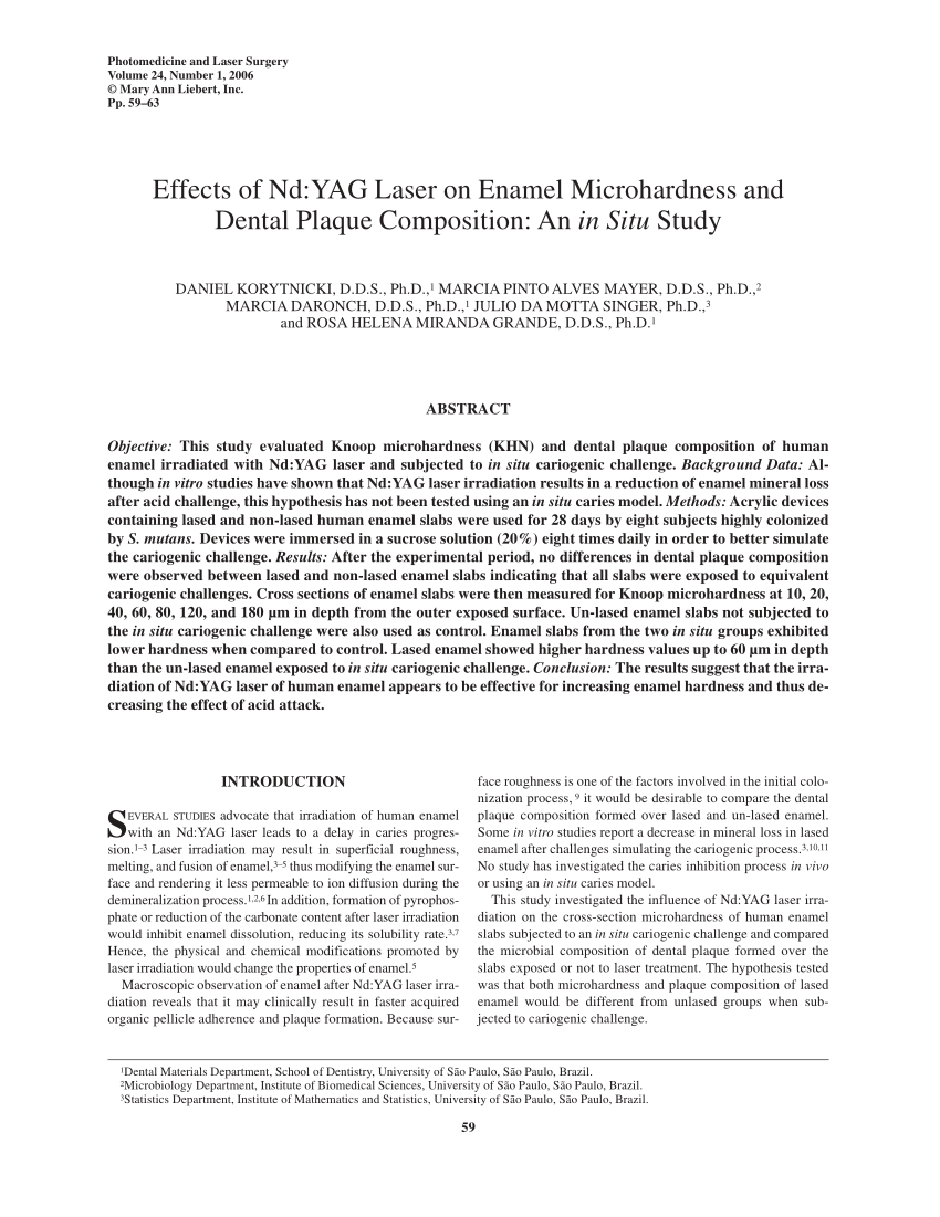 Pdf Effects Of Nd Yag Laser On Enamel Microhardness And Dental