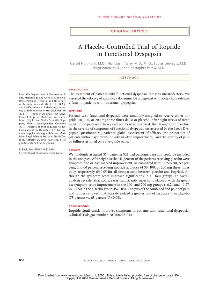 PDF) A Placebo-Controlled Trial of Itopride in Functional Dyspepsia