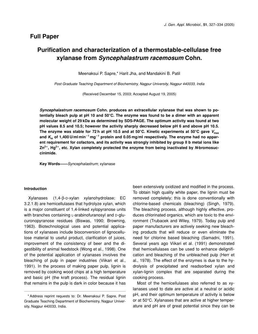 Pdf Purification And Characterization Of A Thermostable Cellulase Free Xylanase From