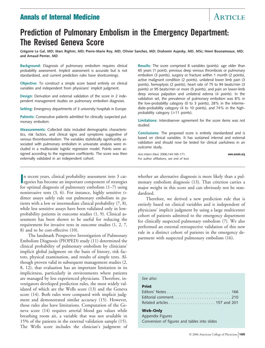 Pdf Prediction Of Pulmonary Embolism In The Emergency