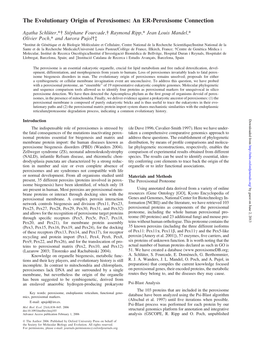 (PDF) The Evolutionary Origin of Peroxisomes: An ER-Peroxisome Connection