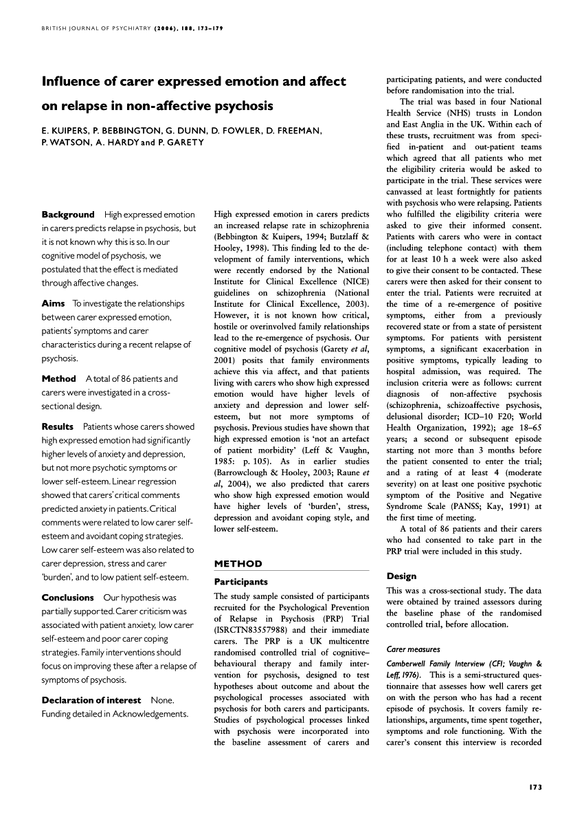 Pdf Influence Of Carer Expressed Emotion And Affect On Relapse In Non Affective Psychoses