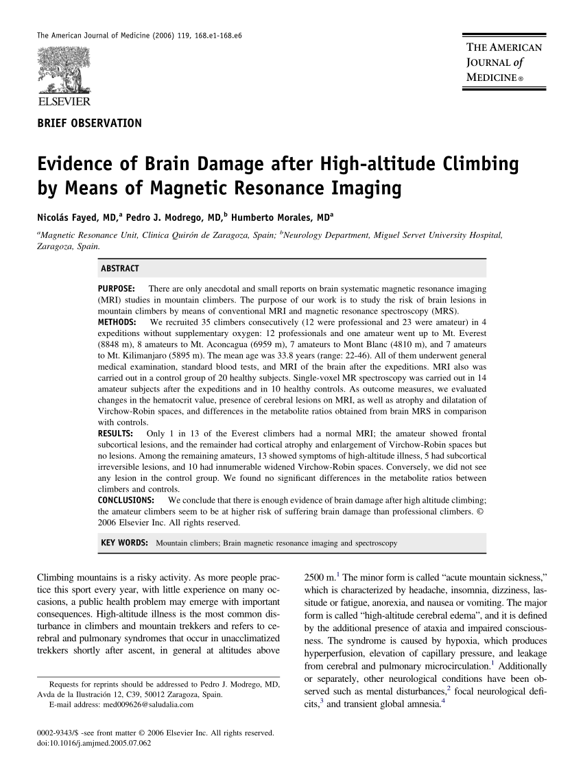 PDF) Evidence of Brain Damage after High-altitude Climbing by Means of Magnetic Resonance Imaging