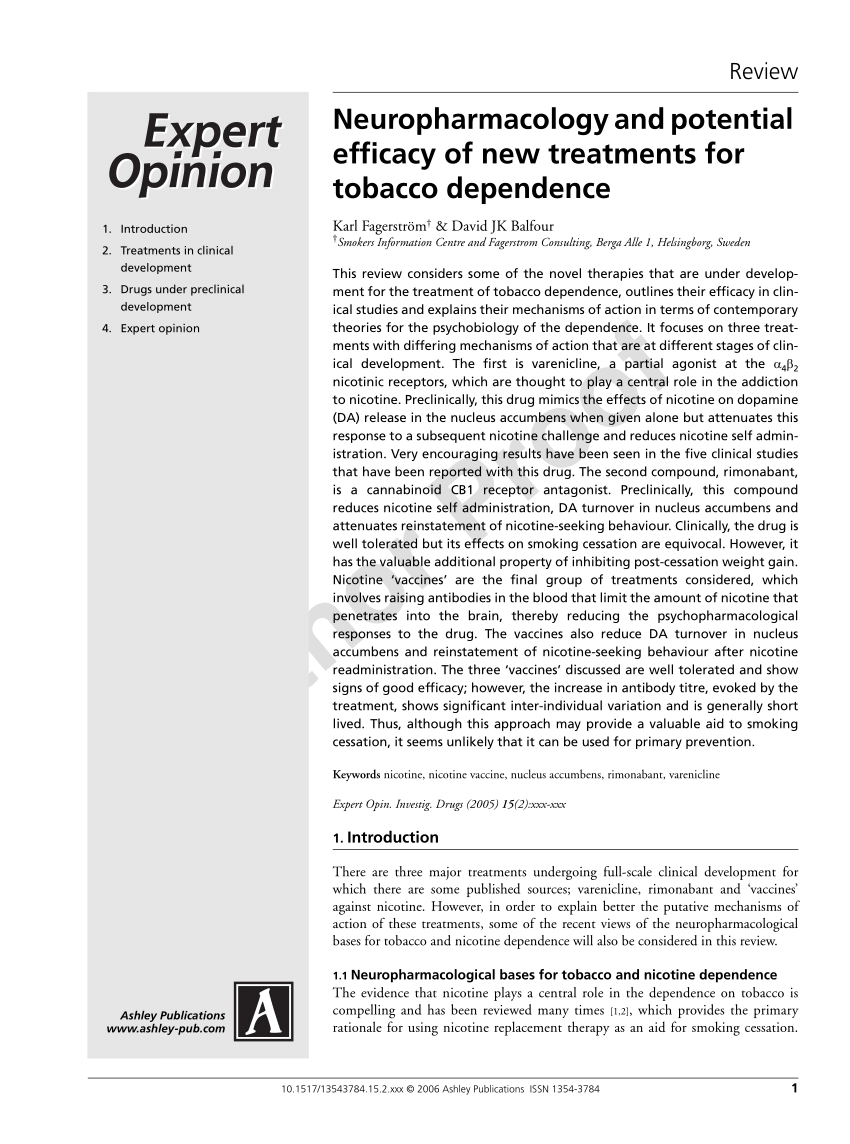 Pdf Neuropharmacology And Potential Efficacy Of New Treatments For Tobacco Dependence