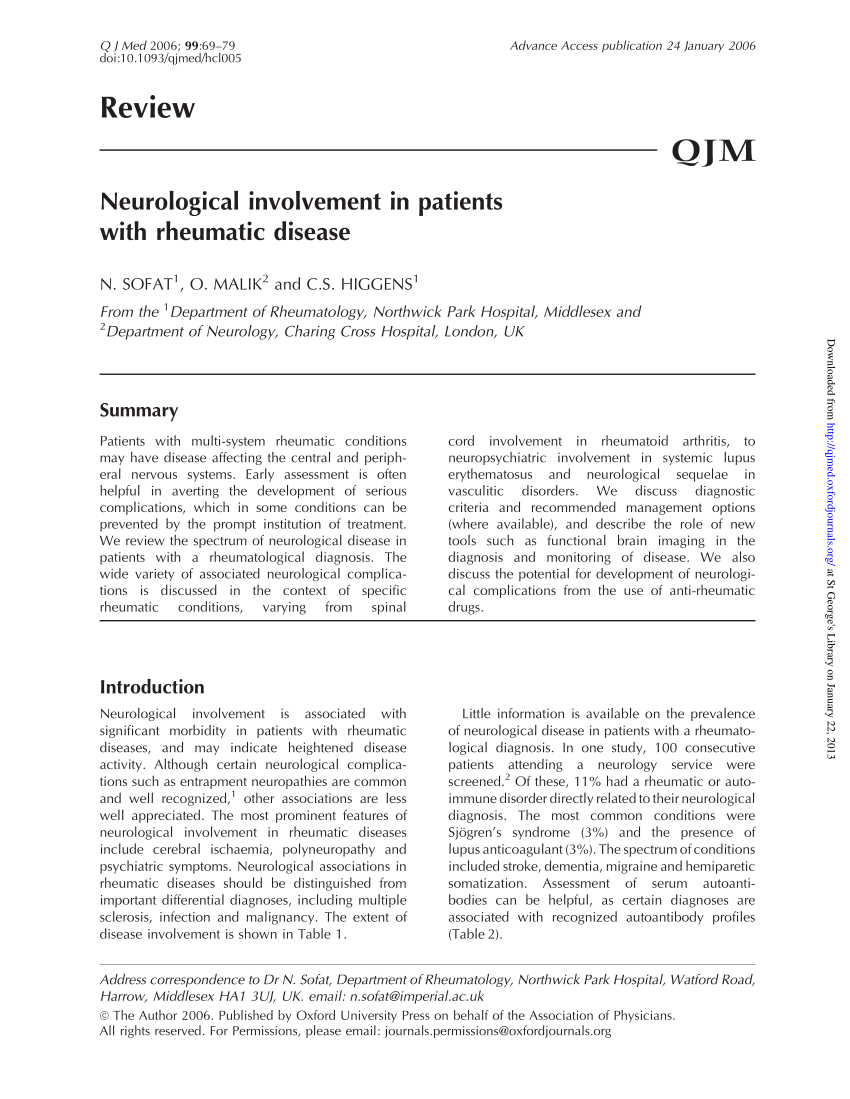 Pdf Neurological Involvement In Patients With Rheumatic Disease