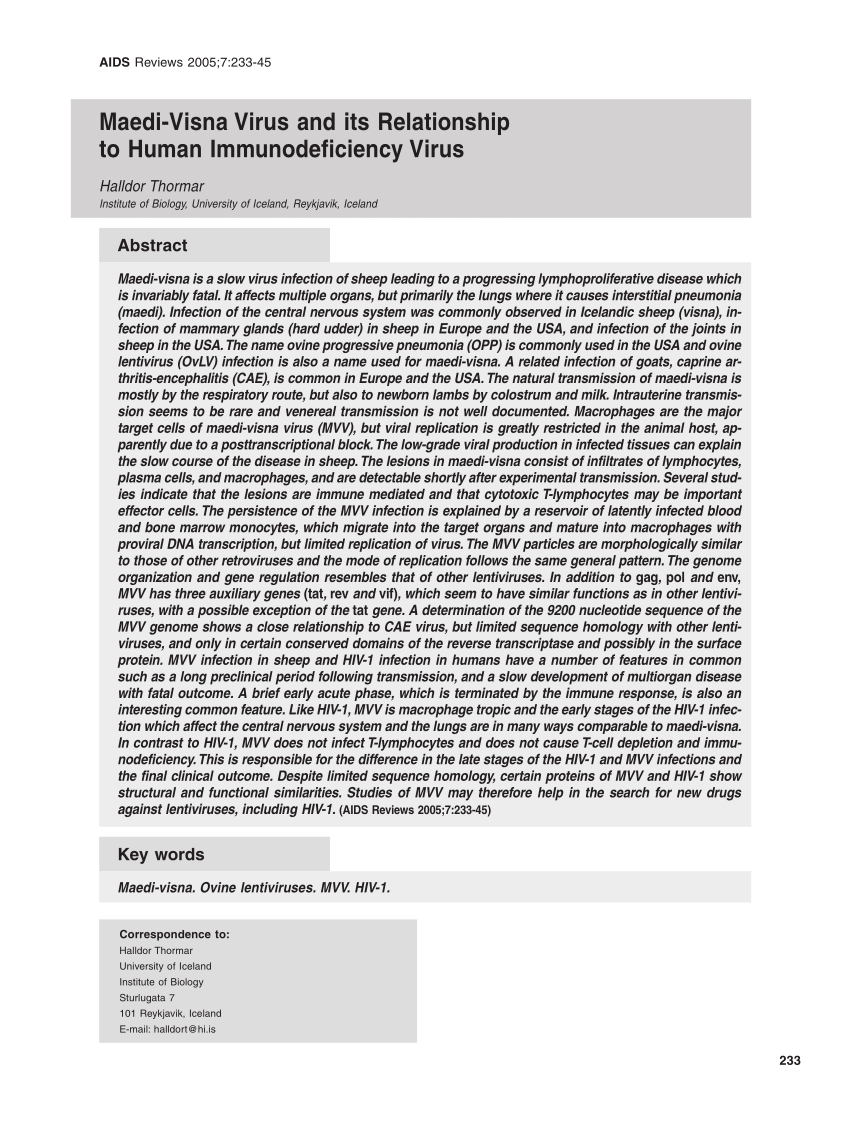 Pdf Maedi Visna Virus And Its Relationship To Human Immunodeficiency Virus