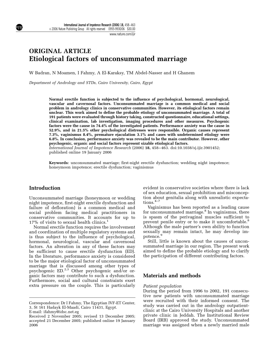 PDF) Etiological factors of unconsummated marriage